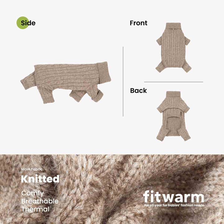 Product information graphic for a dog knit sweater. The top half shows the sweater from side, front, and back views on a light gray background