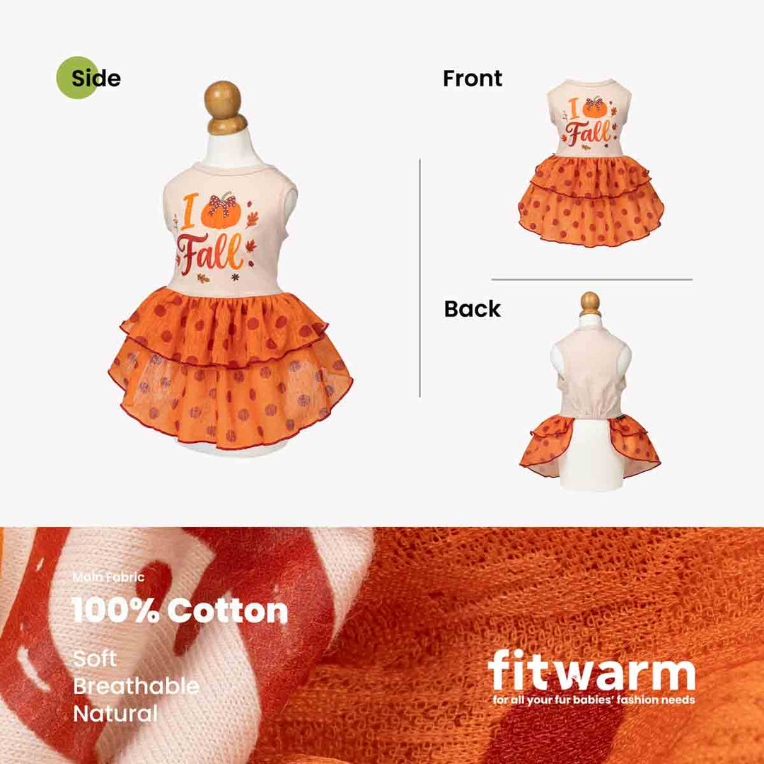 Thanksgiving dog tulle dress and ruffled skirt set displayed on a mannequin, with front, side, and back views shown alongside fabric close-ups