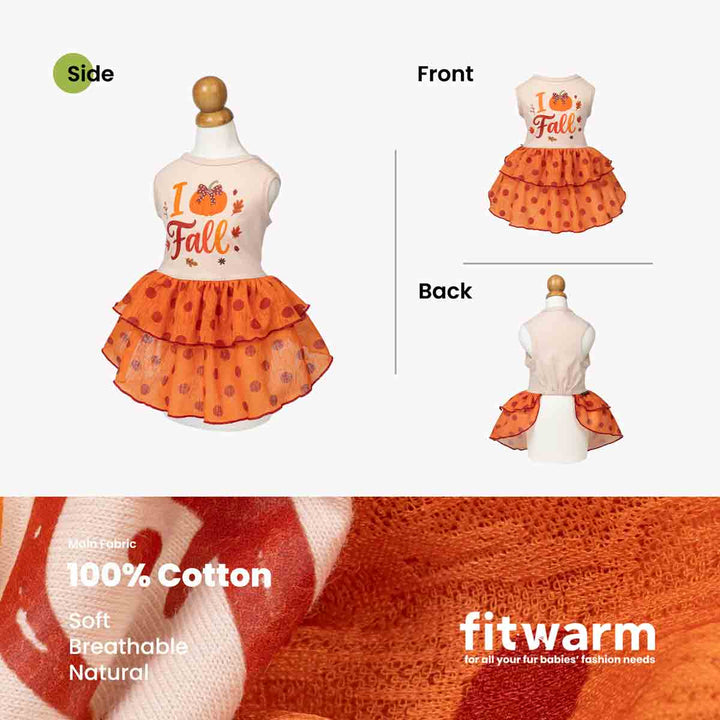 Thanksgiving dog tulle dress and ruffled skirt set displayed on a mannequin, with front, side, and back views shown alongside fabric close-ups