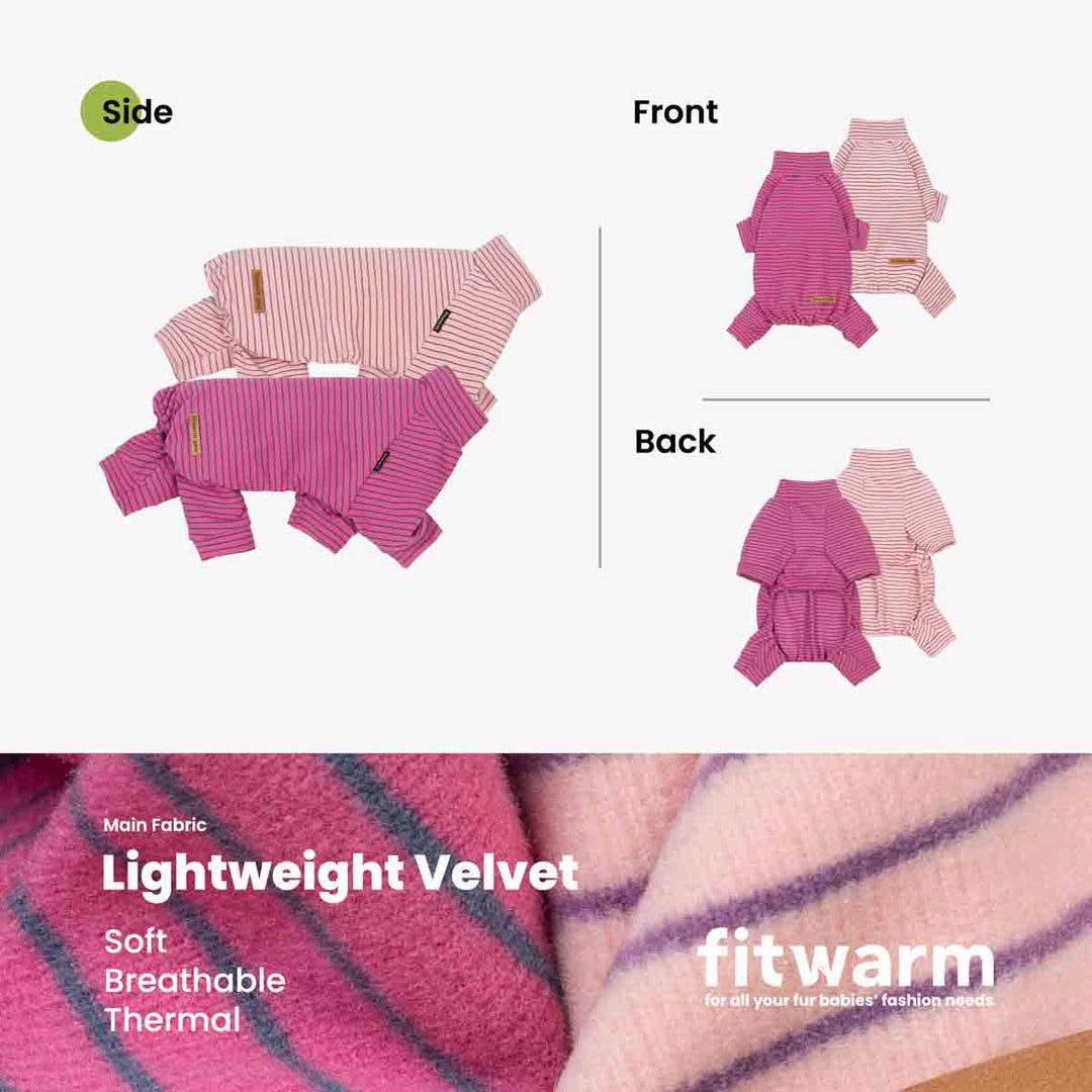 Product presentation of a dog fleece pajamas in pink and white stripes, showing front and back views alongside a close-up of its soft pink and purple striped velvet fabric