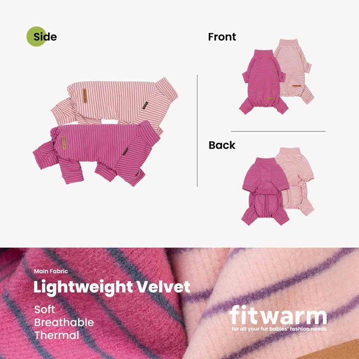 Product presentation of a dog fleece pajamas in pink and white stripes, showing front and back views alongside a close-up of its soft pink and purple striped velvet fabric