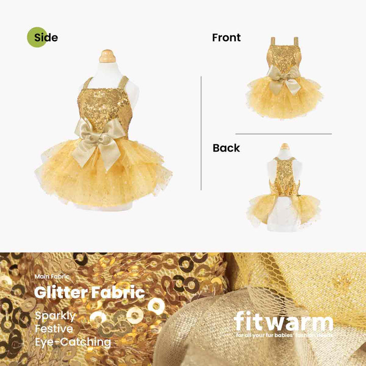 Sparkly gold dog dress displayed from side, front, and back with glitter fabric and layered tulle skirt.