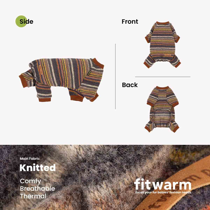 Product infographic showing a small striped knit knitted pajamas for dogsfrom multiple angles, with side, front, and back views on a light background and a fabric detail strip at the bottom