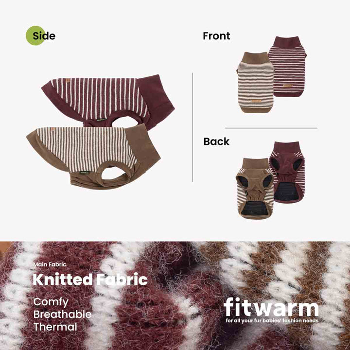Product infographic for dog sweaters, showing front and back views alongside a side view