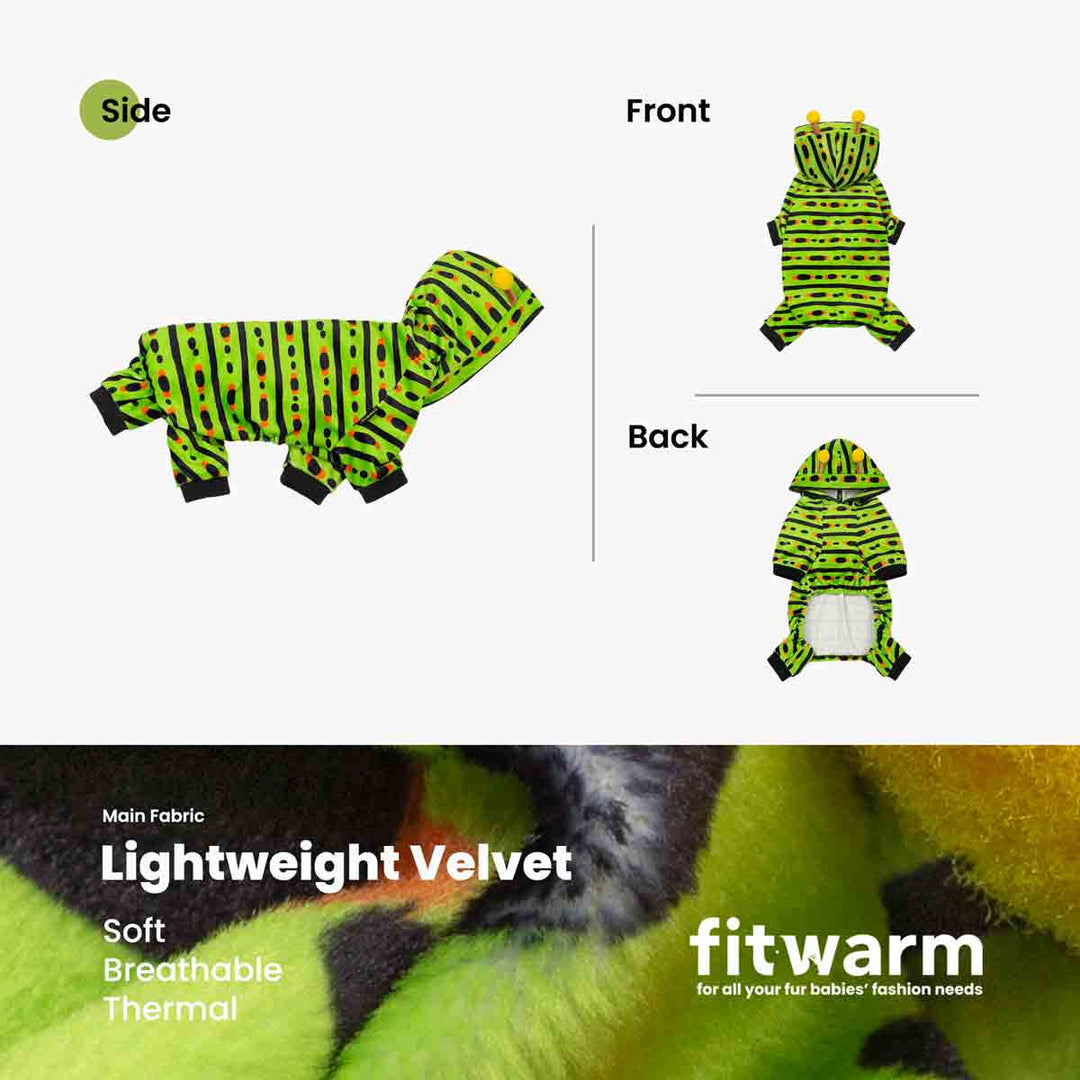 Caterpillar costume for dogs show in side, front, and back view with lightweight velvet fabric description