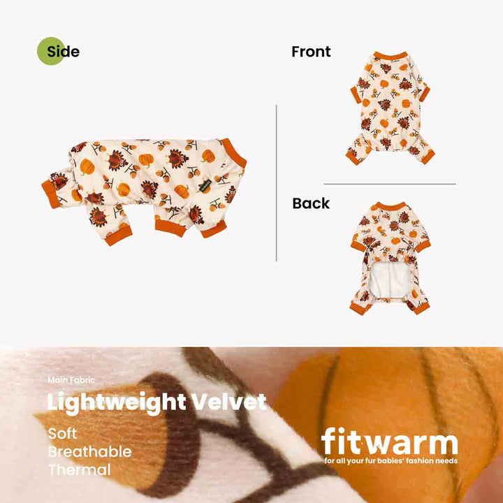 Thanksgiving dog pajamas in lightweight velvet, featuring turkey and pumpkin print. Cozy and breathable onesie design.
