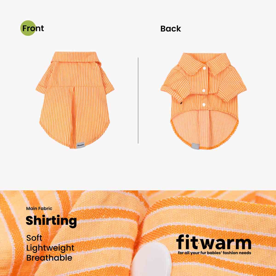 Orange dog tshirt with front and back views, labeled 'fitwarm'.