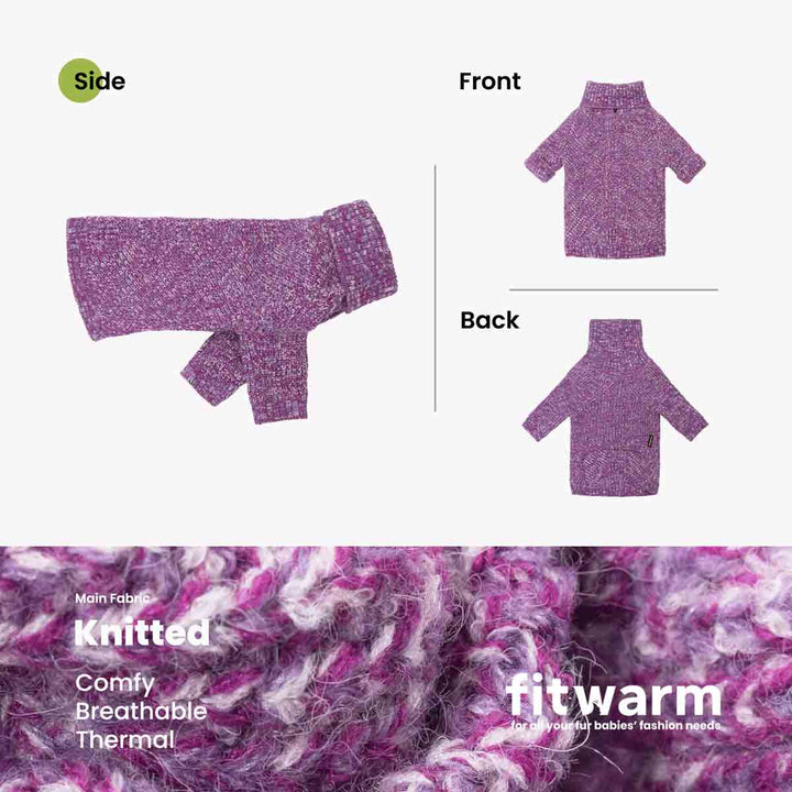 Product information graphic for a purple knit dog sweater, showing side, front, and back views on a light gray background with a close-up fabric texture strip at the bottom