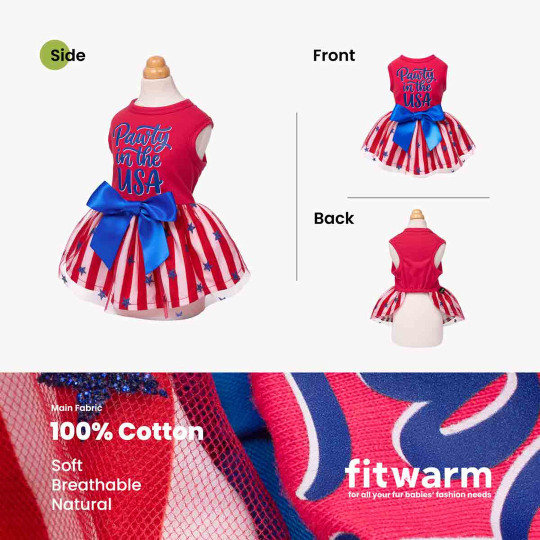 Red, white, and blue dog dress with 'Pawty in the USA' text on a mannequin, showing side, front, and back views