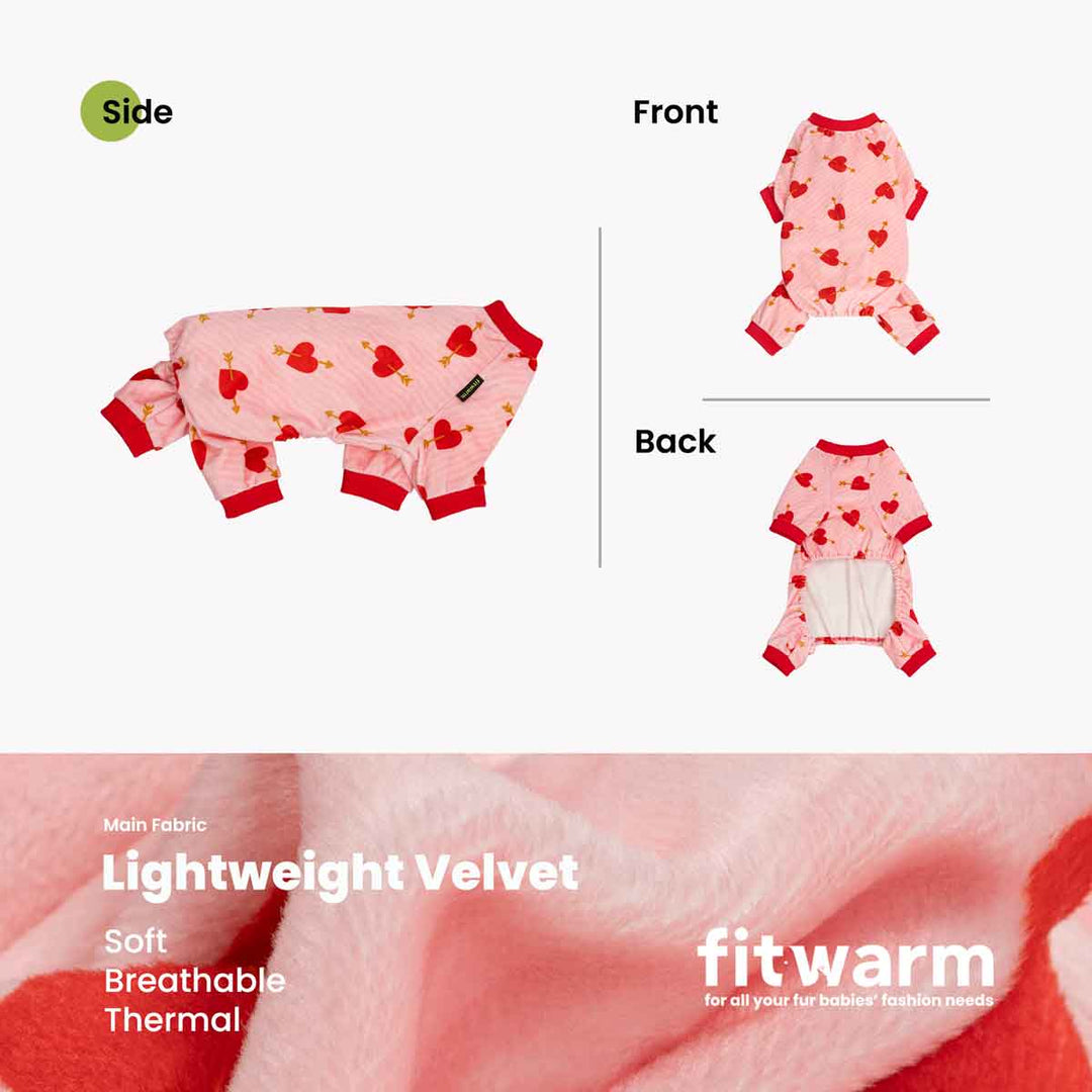 Fleece don onesie shown on a white background with front and back views, plus a side view and a fabric close-up