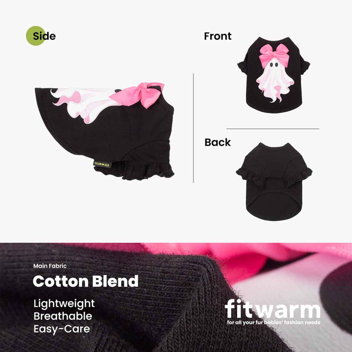 Black Halloween shirt for dogs with a ruffled leg and a pink bow, shown from side, front, and back views