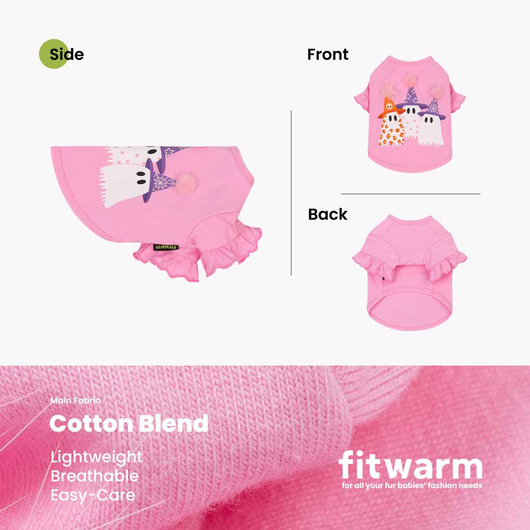 Pink Halloween shirt for dogs with a ghost graphic, shown with front and back views alongside a side view and a fabric close-up