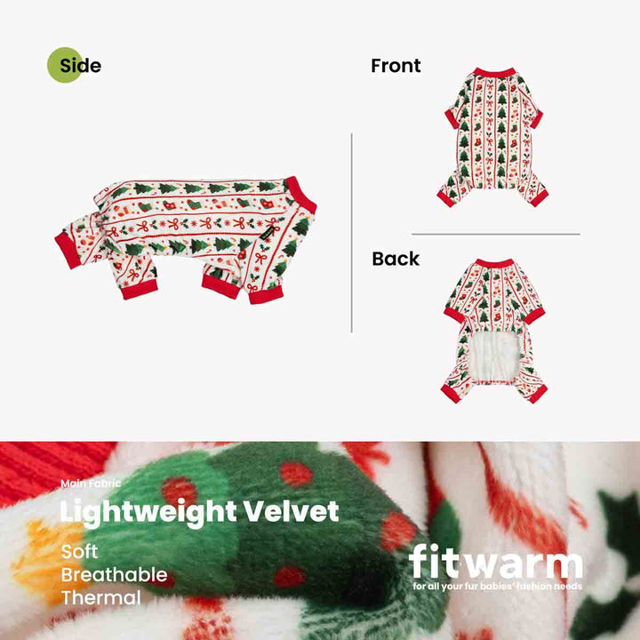 Produch information of Christmas pajamas for dogs showing from Front, side and back view with a fabric descrption on the bottom