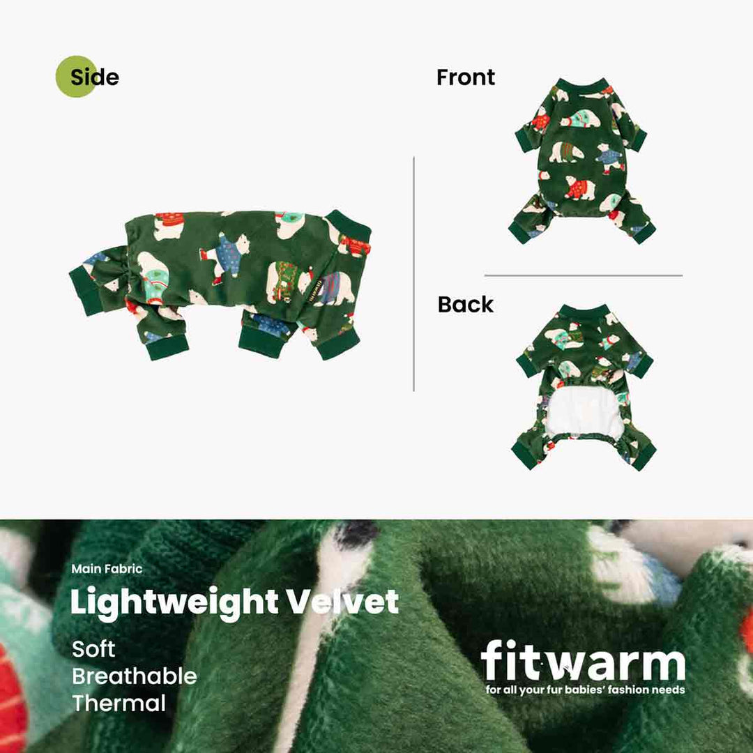 Green holiday-themed dog pajamas featuring polar bear prints displayed with lightweight velvet fabric.