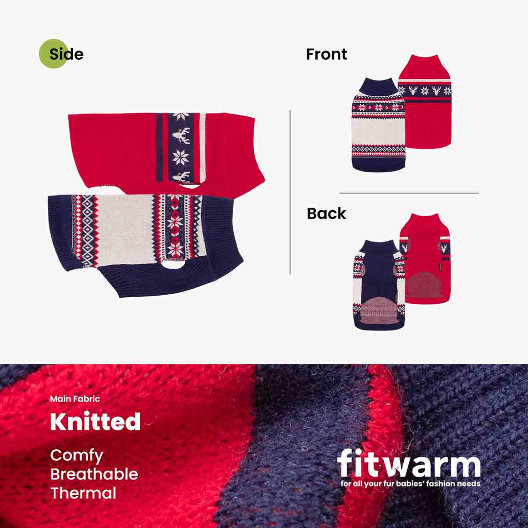 Product information graphic for a winter dog sweaters, showing front and back views alongside a side view
