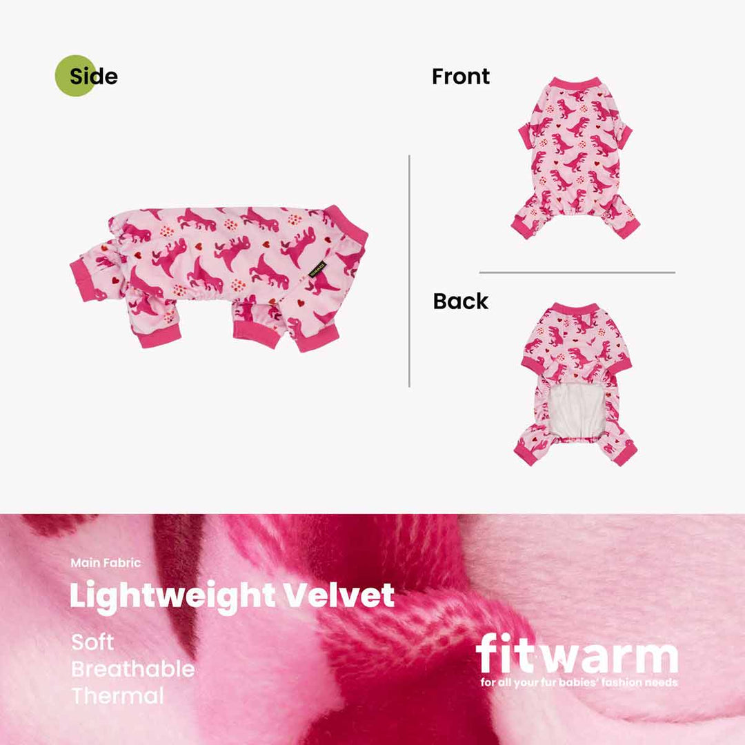 Cozy fleece dog onesie shown on a white background with front and back views, plus a side view. 