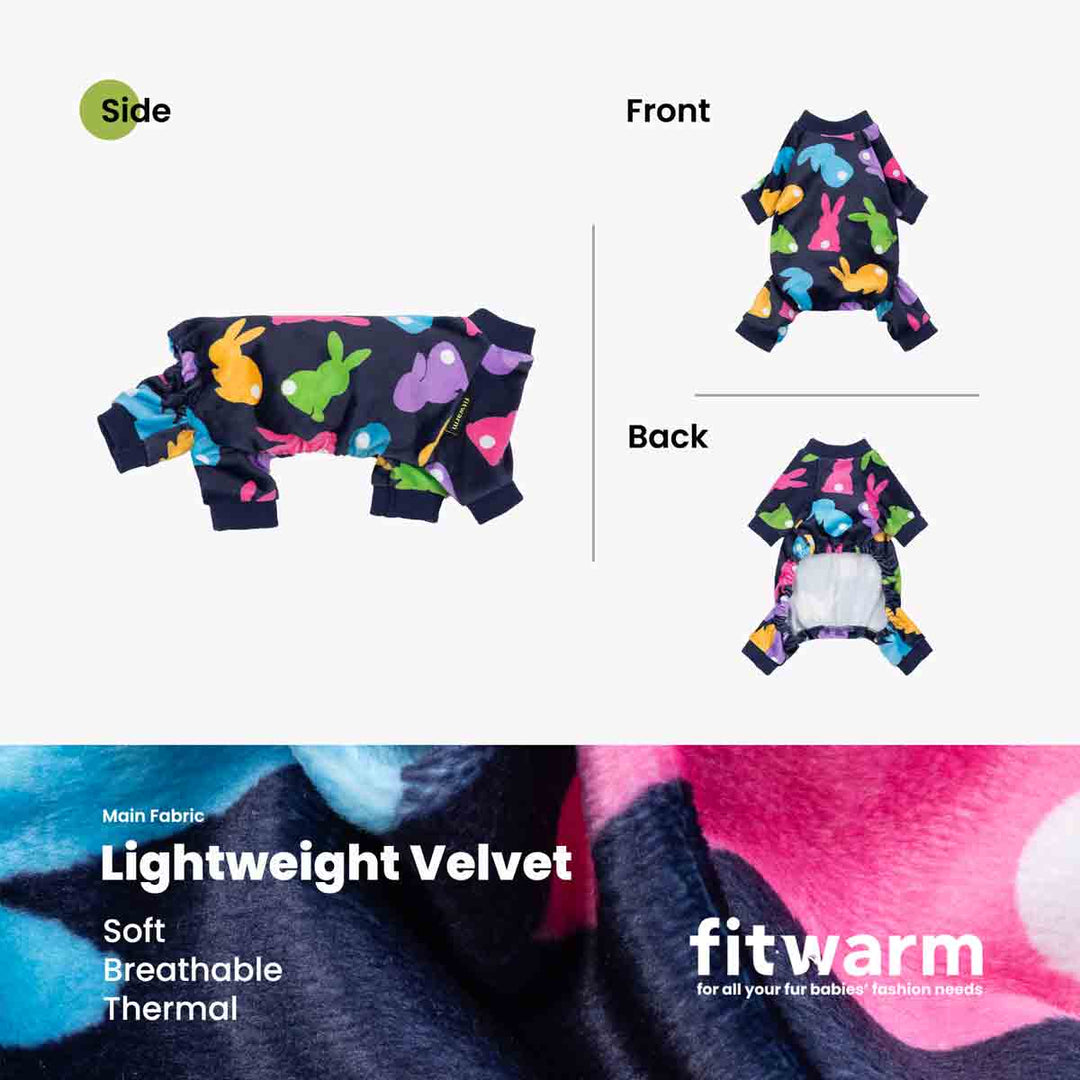 Side, front, and back views of bunny print dog pajamas on white background.