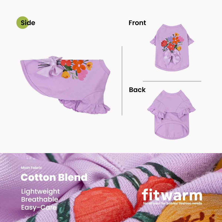Purple pet shirt with floral design on a white background, showing side, front, and back views.
