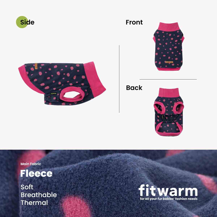 Front, side, and back view of mock dog coat and fabric description