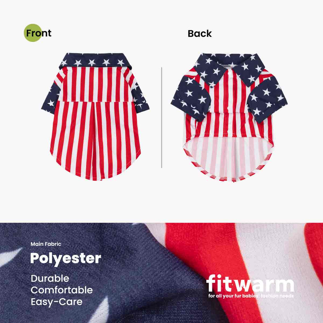Dog 4th of July t-shirt with American flag pattern on front and back, featuring 'fitwarm' brand