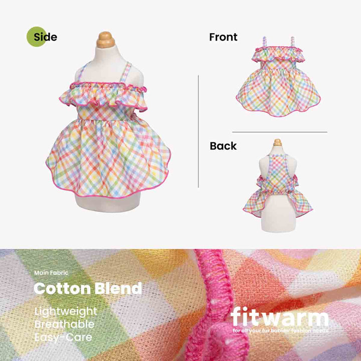 Colorful checkered dog dress on a mannequin with side, front, and back views, and 'fitwarm' branding.
