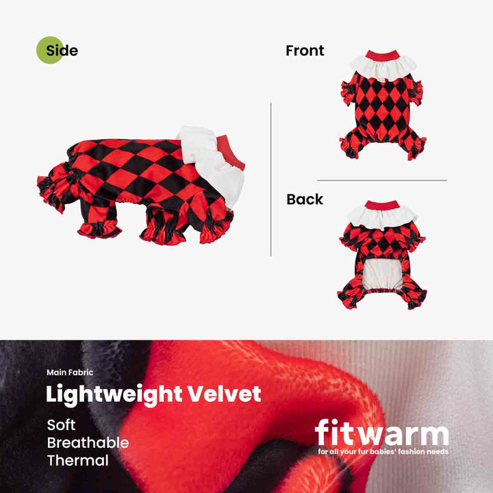 Dog Halloween costume showing a small dog outfit from multiple angles: side, front, and back with fabric description