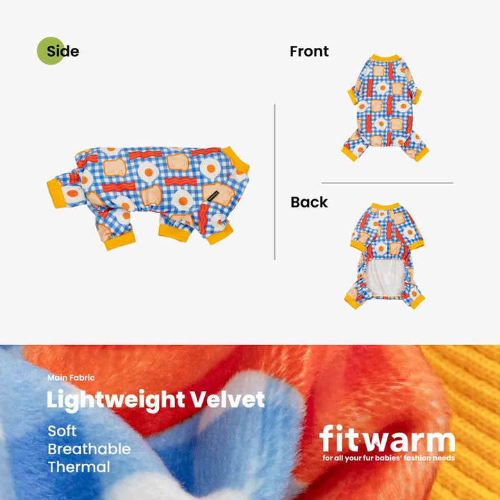Product photo information showing a small dog fleece onesie from both side and front/back views on a light gray background, with a close-up fabric detail banner at the bottom