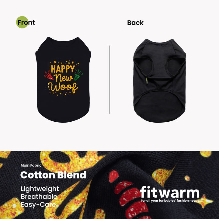 Black dog shirt with Happy New Woof print, front and back views.
