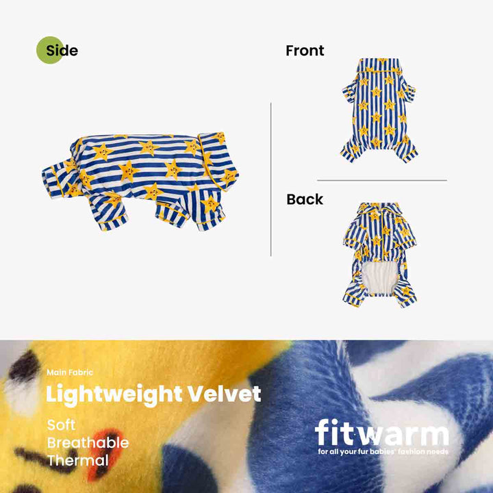 Collared neck dog pajamas shows in front, back, and side with a lightweight velvet fabric description at the bottom