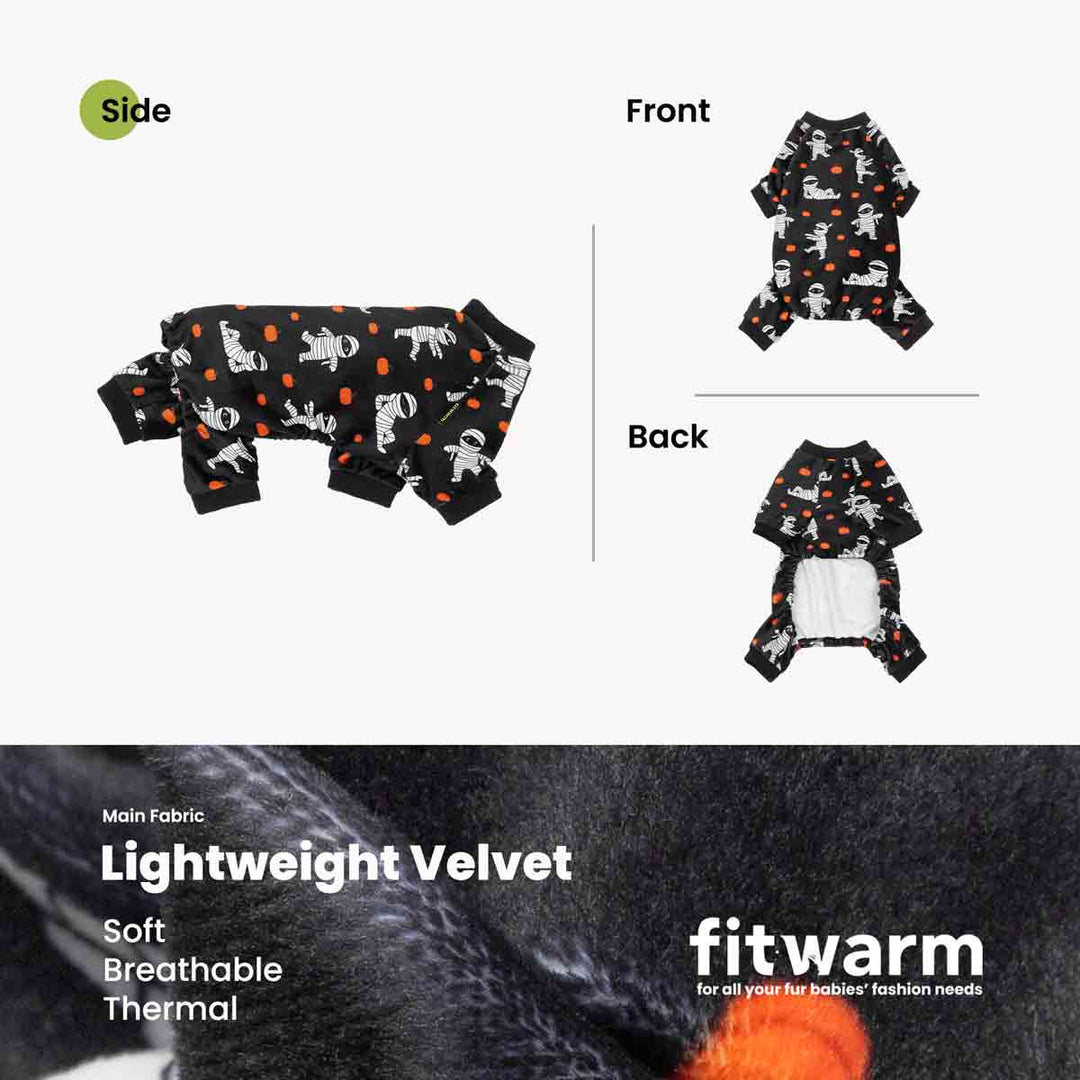 Product infographic showing a small black dog onesie with an mummy and pumpkin print from multiple angles, labeled Side, Front, and Back