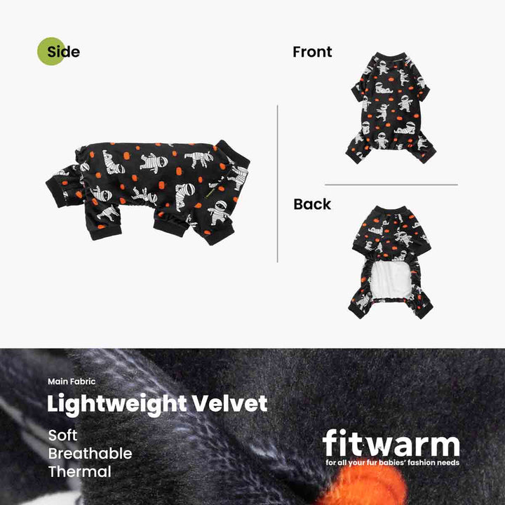 Product infographic showing a small black dog onesie with an mummy and pumpkin print from multiple angles, labeled Side, Front, and Back