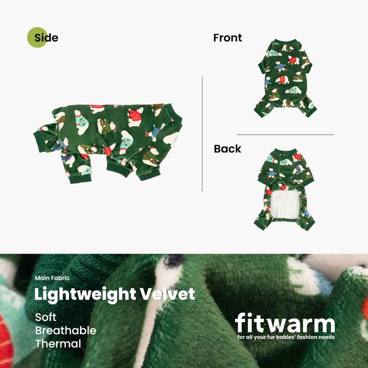 Green Polar Bear Dog Pajamas: lightweight velvet, soft, breathable, thermal. Festive polar bear print. Fitwarm brand.
