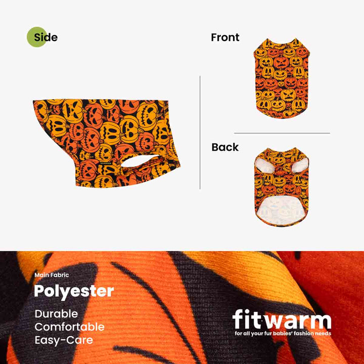 Product layout graphic showing a small dog t-shirt from multiple angles: side view, front view, and back view
