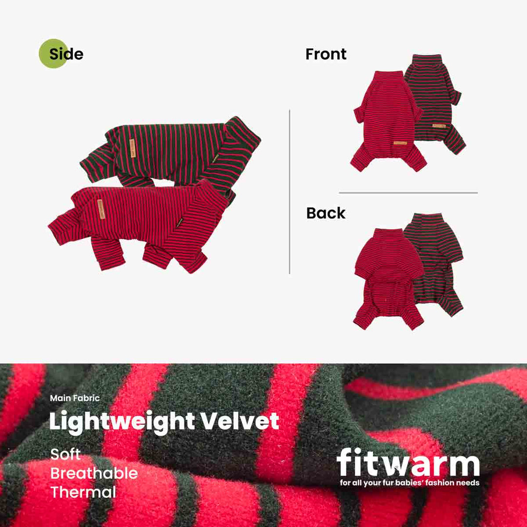 Product presentation of a dog fleece sweater in red and green striped velvet, showing front, back, and side views 