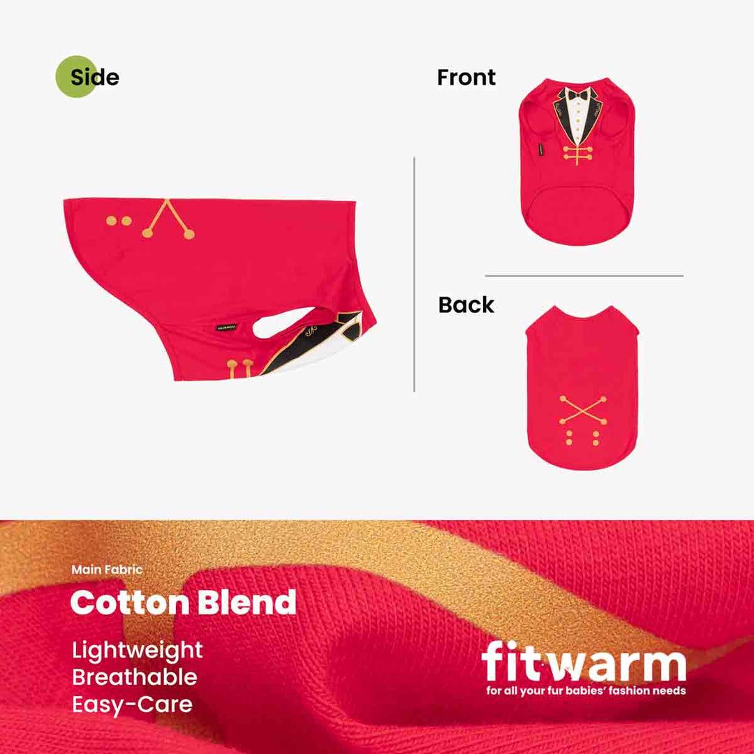 Product infographic showing a red Halloween costume in side, front, and back views on a light gray background, with a fabric close-up banner at the bottom