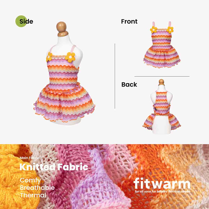 Colorful dog knitted dress on a mannequin with side, front, and back views, featuring 'fitwarm' branding