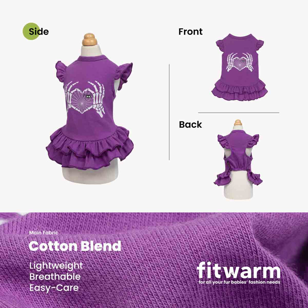 Purple ruffled dress for dogs shown on a mannequin with front, back, and side views, plus a fabric close-up and text noting cotton blend, lightweight breathable fabric, and fitwarm branding