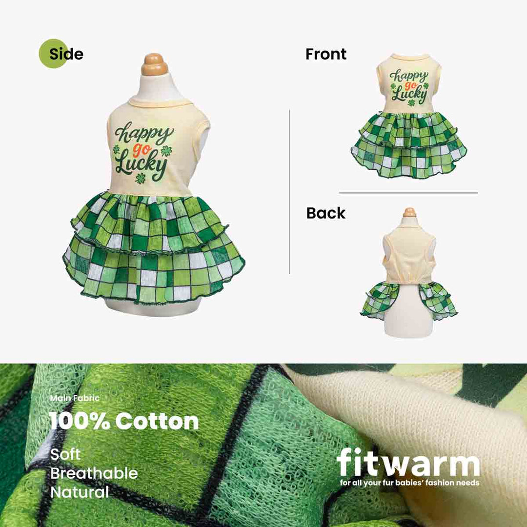 Front side and back views of green plaid ruffle skirt dog dress.