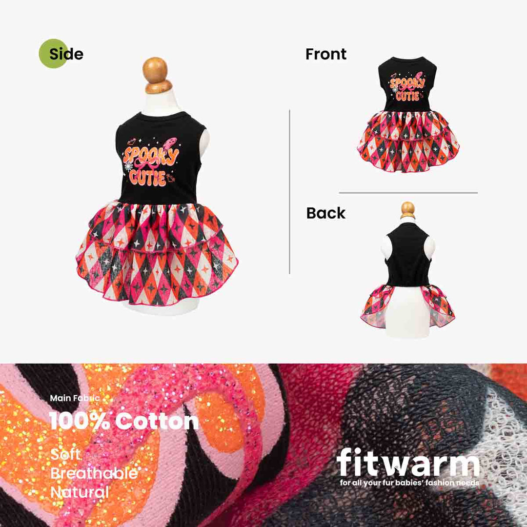 Halloween sleeveless dress for dogs displayed on a mannequin from side, front, and back views, with a black top and a colorful geometric tiered skirt