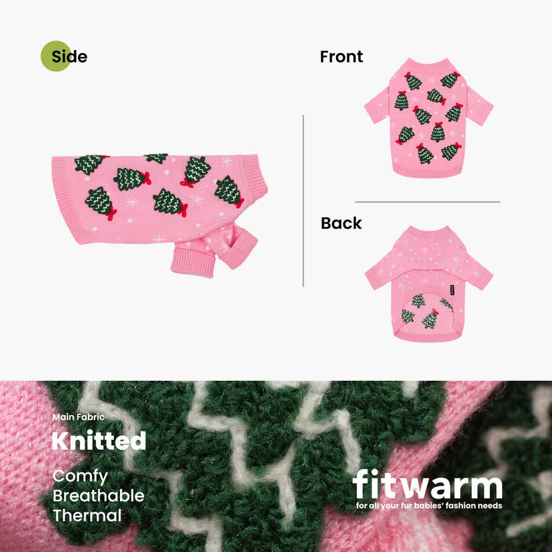 Christmas sweater for dogs shows on side, front, and back view with a cozy fabric description on the bottom