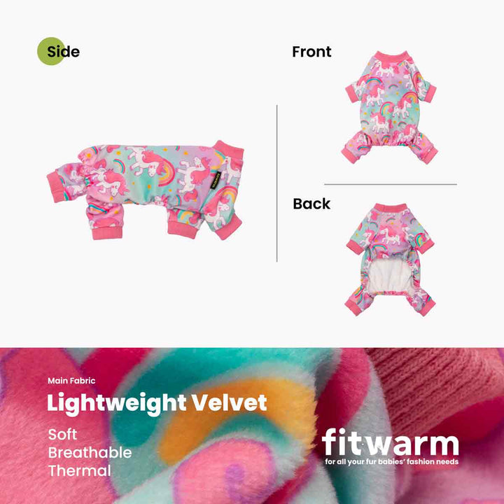 Colorful fabric panel showing unicorn-pattern dog pajamas with soft lightweight velvet texture.
