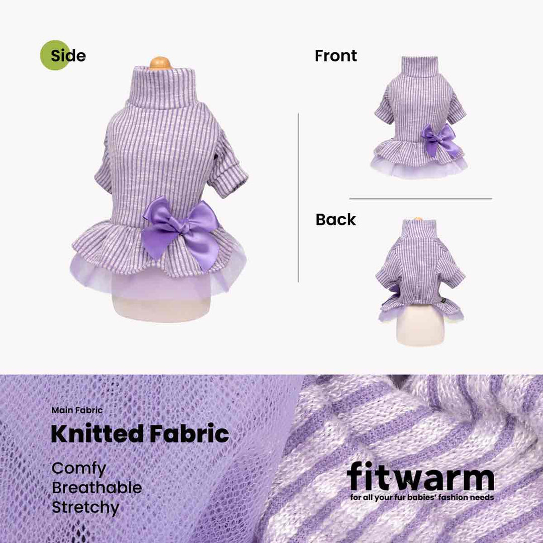 Purple knitted dog dress displayed in side, front, and back views with bow and ruffled hem.
