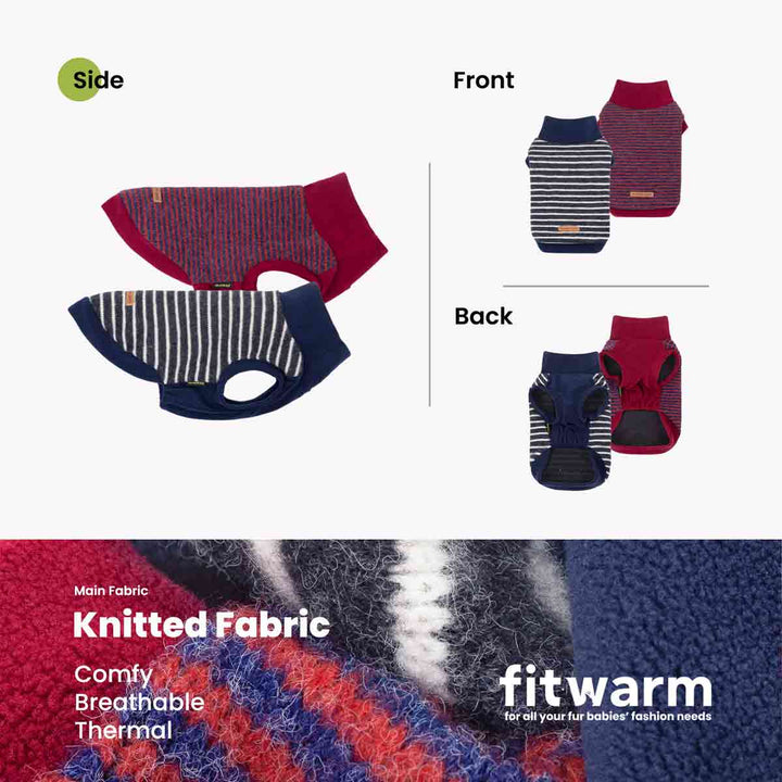 Product presentation of sweater for dogs showing both front and back views alongside a side view, along with a close-up fabric detail banner at the bottom