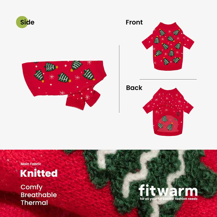 Procuduct inforamtion of dog Christmas sweater, showing from side, front, and back view with the fabric description on the bottom