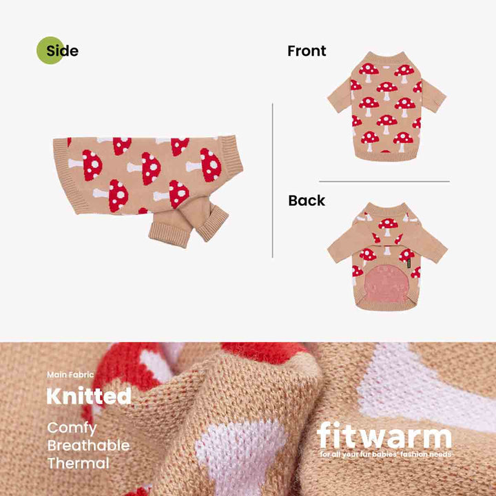 Knitted dog winter sweater shown from multiple angles on a light gray background, with a close-up knit fabric detail at the bottom
