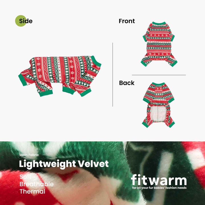 Fitwarm Christmas Dog Pajamas in red and green velvet with festive patterns, soft, breathable, and comfortable.