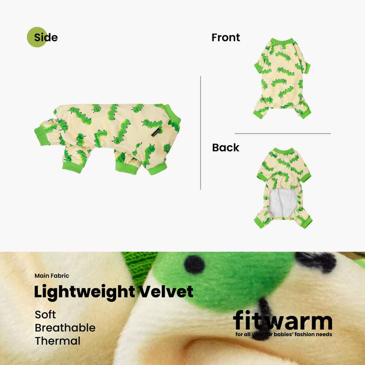 Caterpillar dog pajamas: cream lightweight velvet with green print & ribbed cuffs.