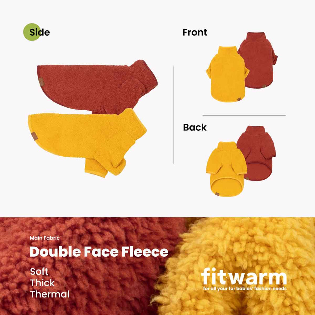 Product information graphic for a doule-face fleece dog hoodie. The top section shows side, front, and back views of the coat in mustard yellow and rust red on a white background