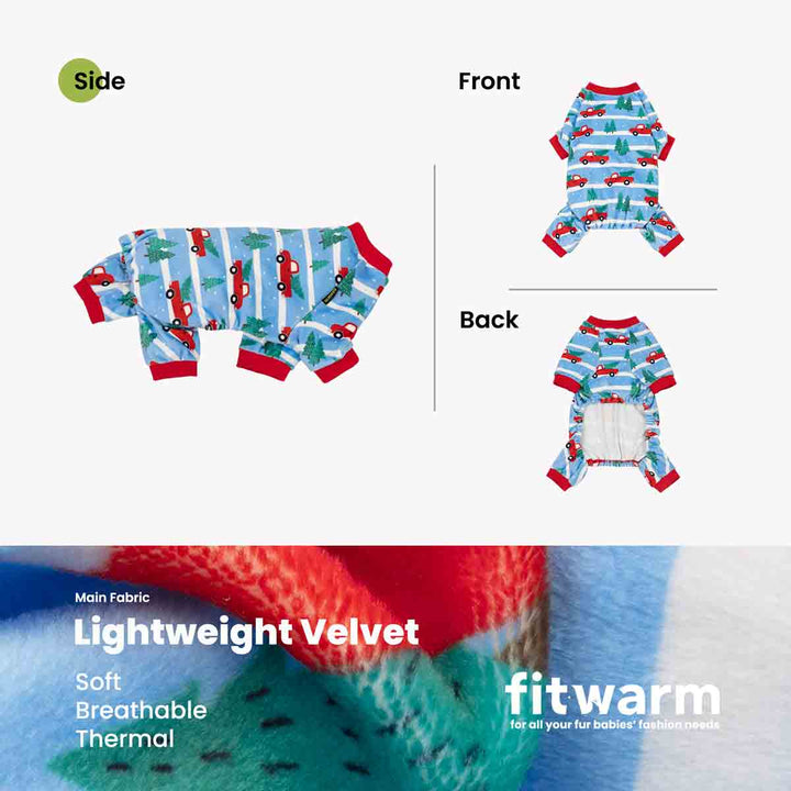 Product information graphic for a small dog jumpsuit. The top half shows the garment from side, front, and back views on a light gray background