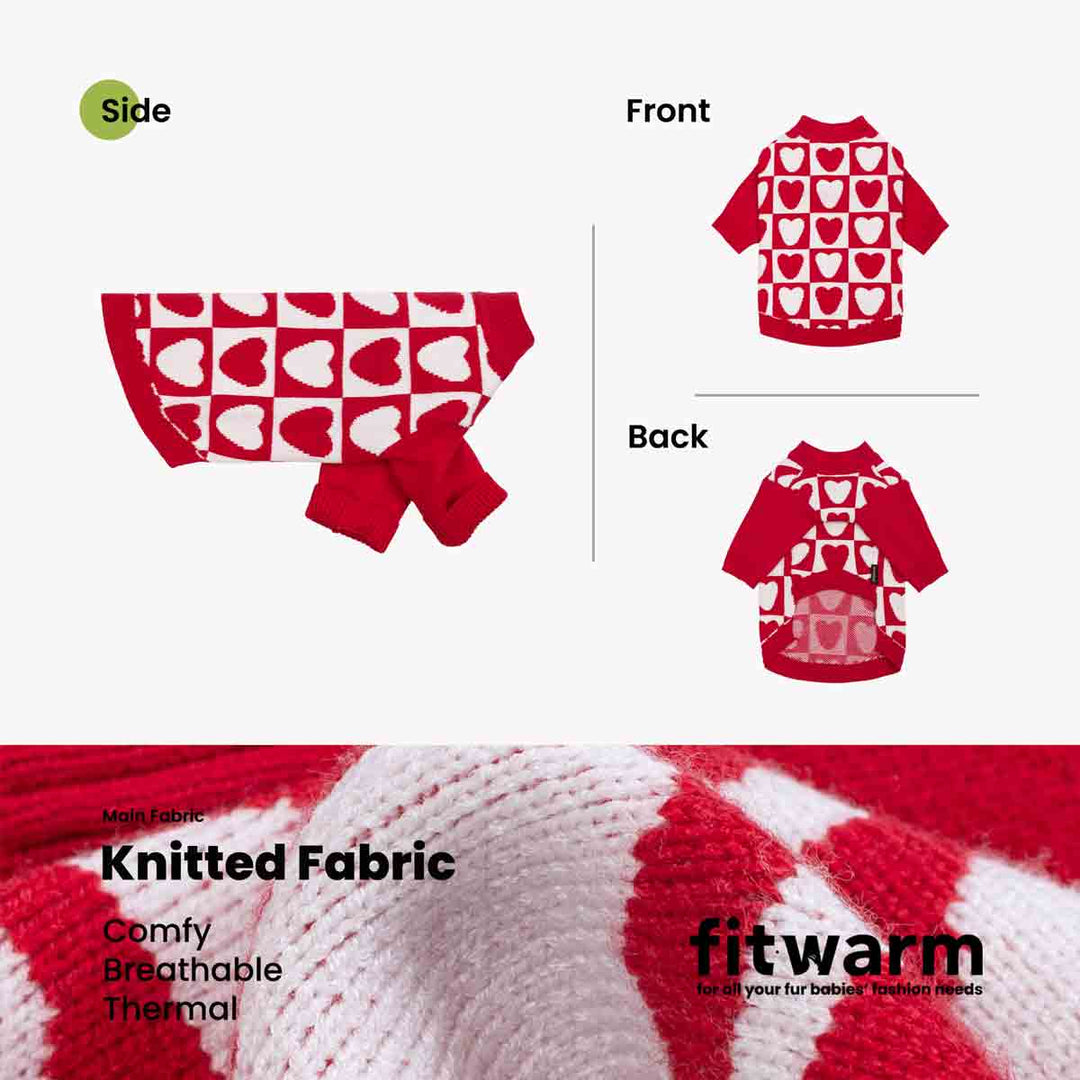 Red heart checker dog sweater shown from front back and side views with knitted fabric detail